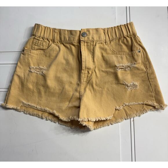 Love Tree Denim Shorts Womens Size Large Yellow Raw Hem Distressed Stretch - Picture 1 of 5